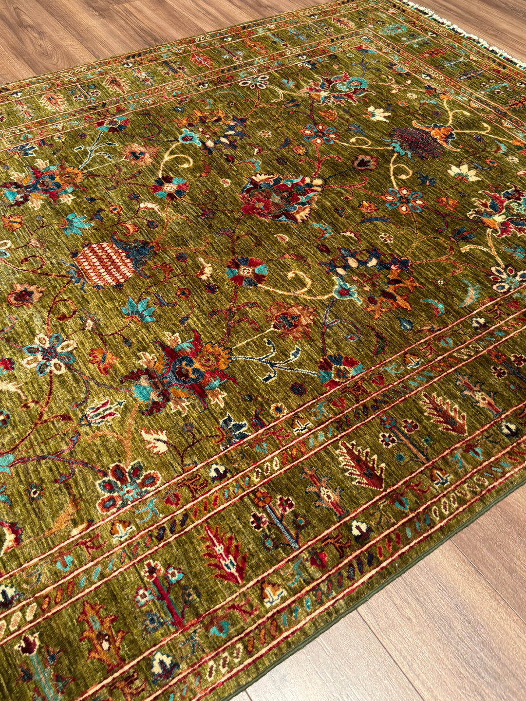 Sultani Binbirgece Orijinal El Dokuması Yeşil Kök Boya Yün Halı 170x246 4.18 Metrekare - 5x8 ft