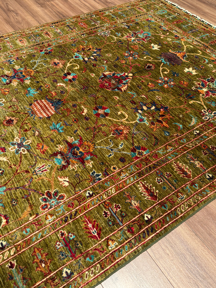 Sultani Binbirgece Orijinal El Dokuması Yeşil Kök Boya Yün Halı 170x246 4.18 Metrekare - 5x8 ft