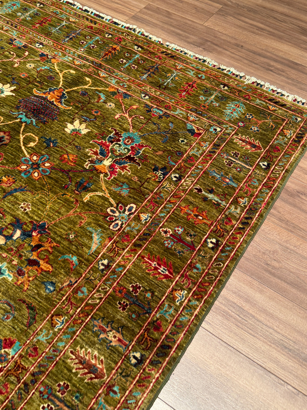 Sultani Binbirgece Orijinal El Dokuması Yeşil Kök Boya Yün Halı 170x246 4.18 Metrekare - 5x8 ft