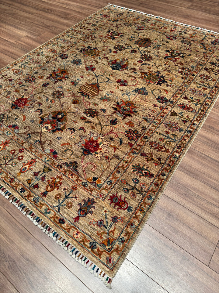 Sultani One Thousand and One Nights Original Handwoven Beige Root Dye Wool Rug 174x239 cm (4.16 square meters) - 5x8 ft 