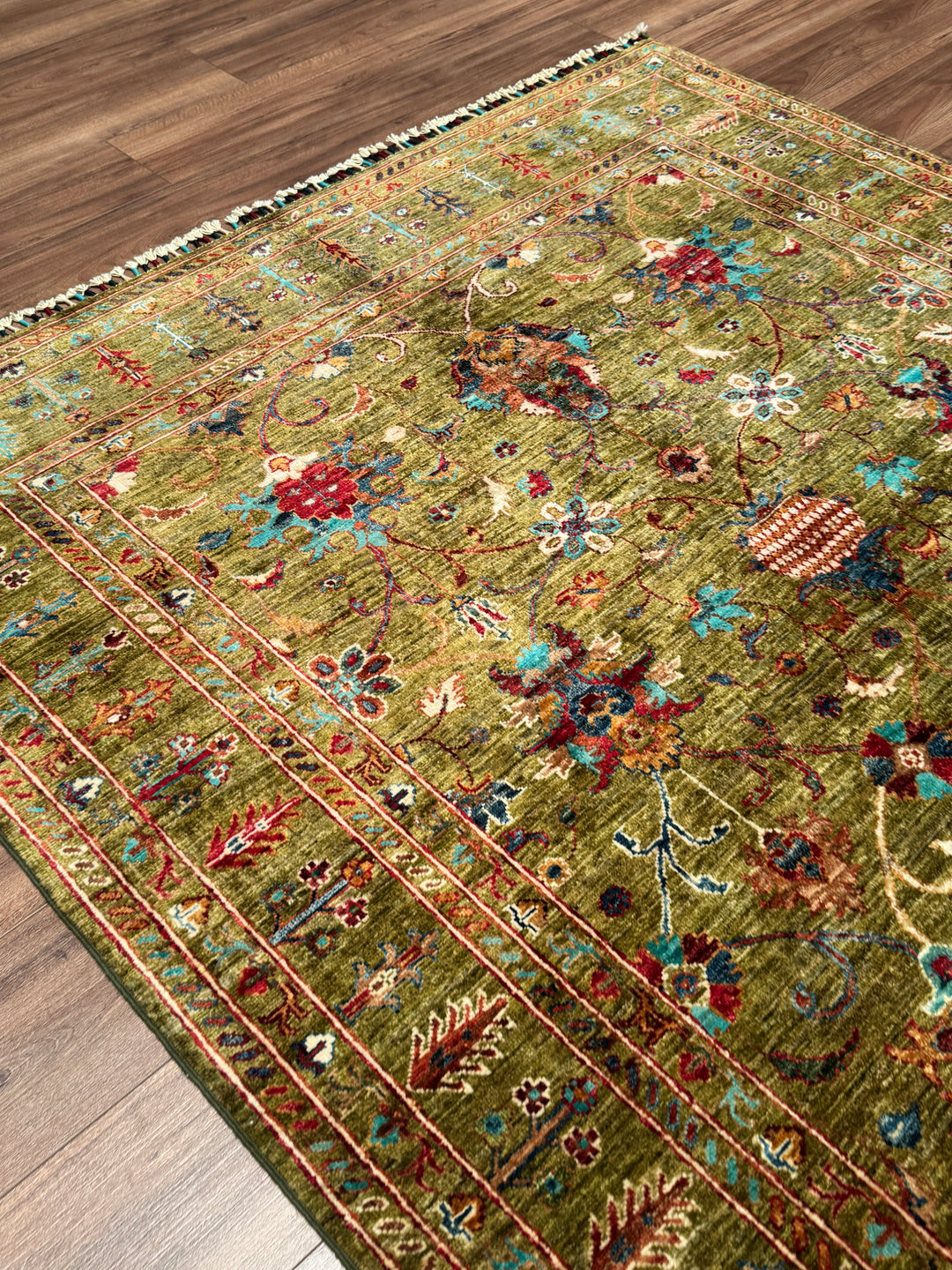 Sultani Binbirgece Orijinal El Dokuması Yeşil Kök Boya Yün Halı 170x246 4.18 Metrekare - 5x8 ft