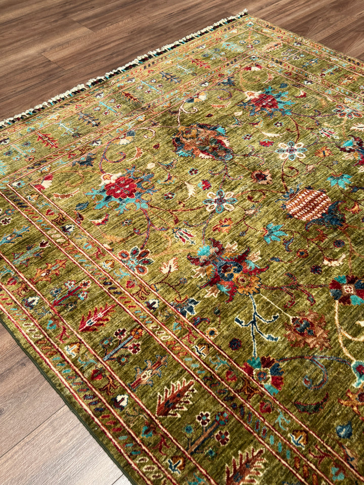Sultani Binbirgece Orijinal El Dokuması Yeşil Kök Boya Yün Halı 170x246 4.18 Metrekare - 5x8 ft