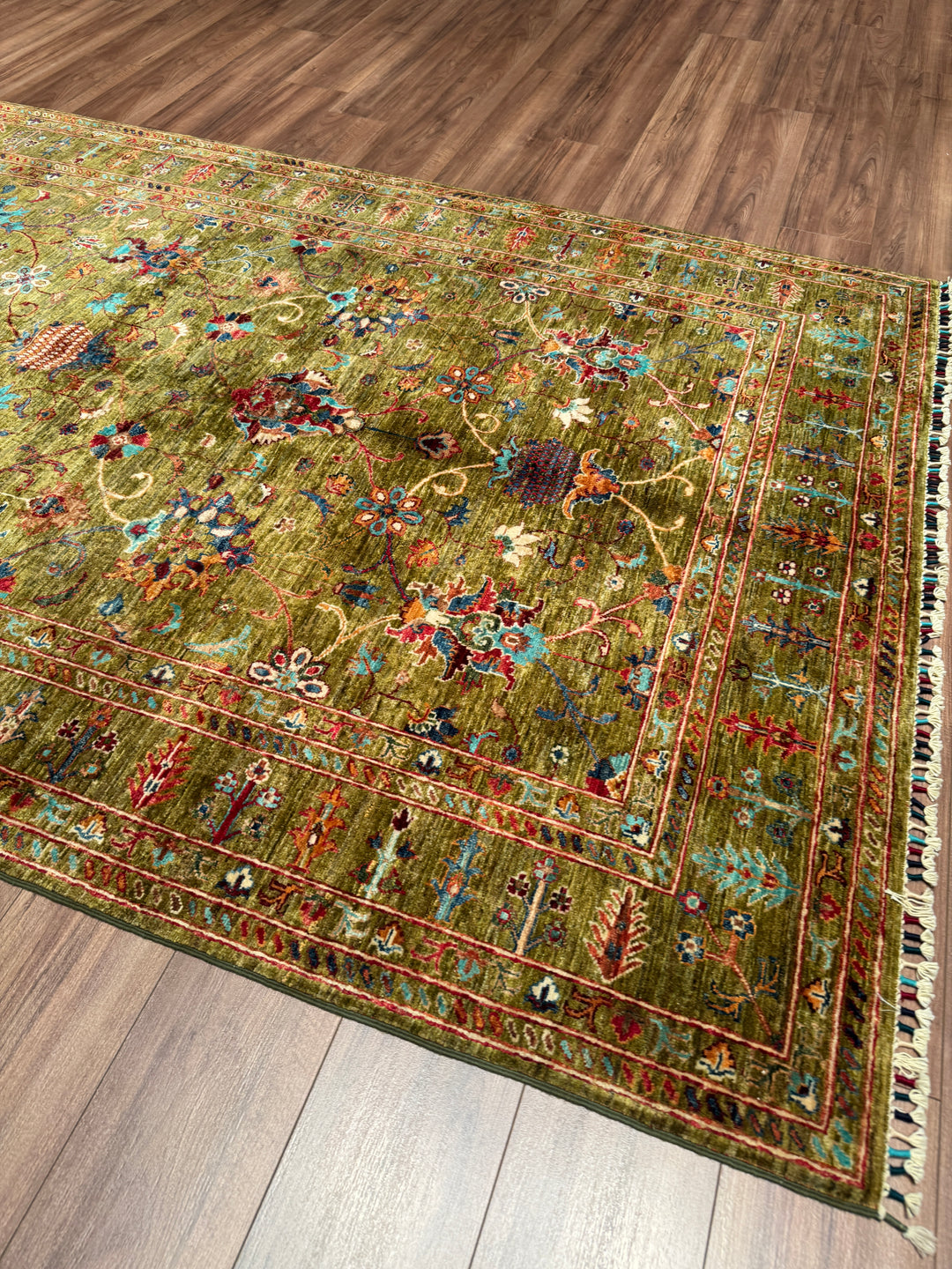 Sultani Binbirgece Orijinal El Dokuması Yeşil Kök Boya Yün Halı 170x246 4.18 Metrekare - 5x8 ft
