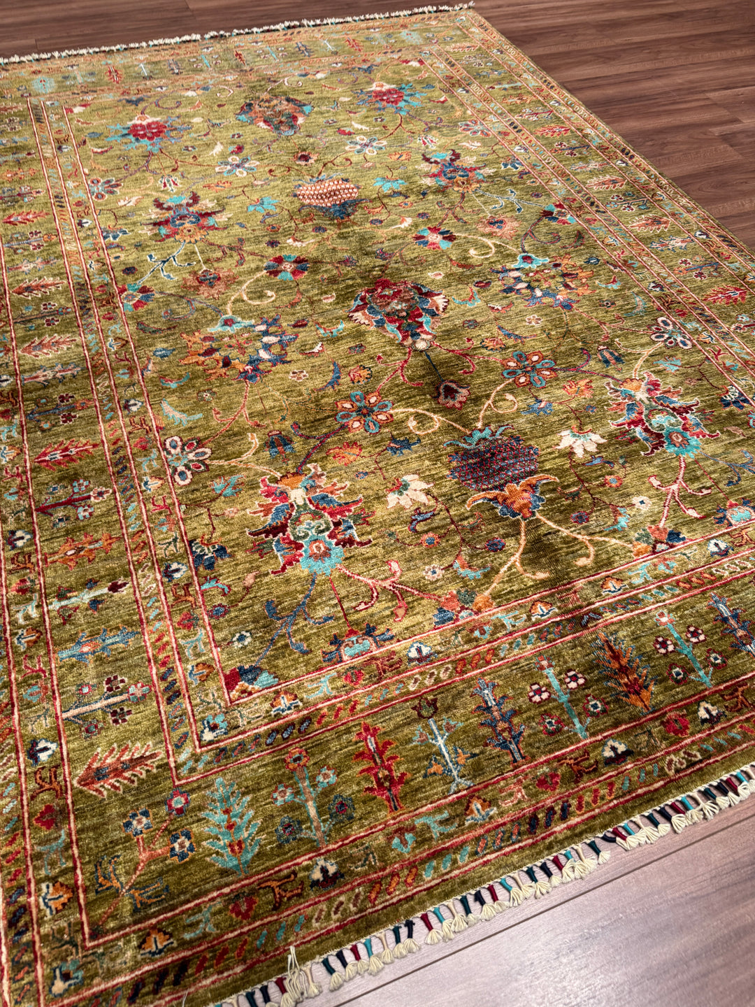 Sultani Binbirgece Orijinal El Dokuması Yeşil Kök Boya Yün Halı 170x246 4.18 Metrekare - 5x8 ft