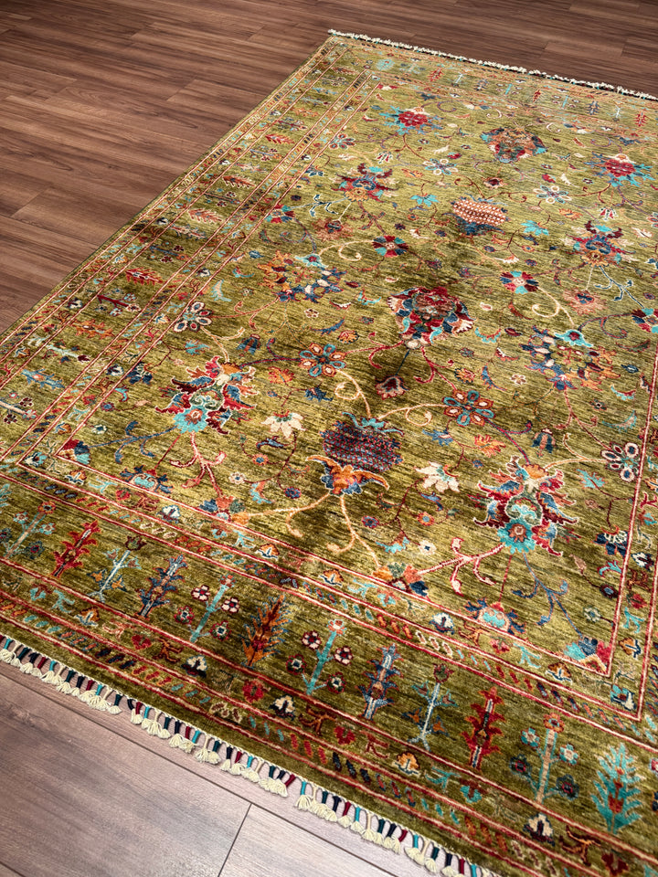 Sultani Binbirgece Orijinal El Dokuması Yeşil Kök Boya Yün Halı 170x246 4.18 Metrekare - 5x8 ft
