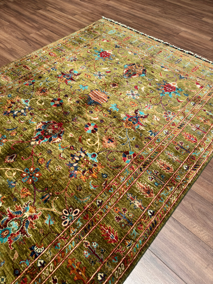 Sultani Binbirgece Orijinal El Dokuması Yeşil Kök Boya Yün Halı 170x246 4.18 Metrekare - 5x8 ft
