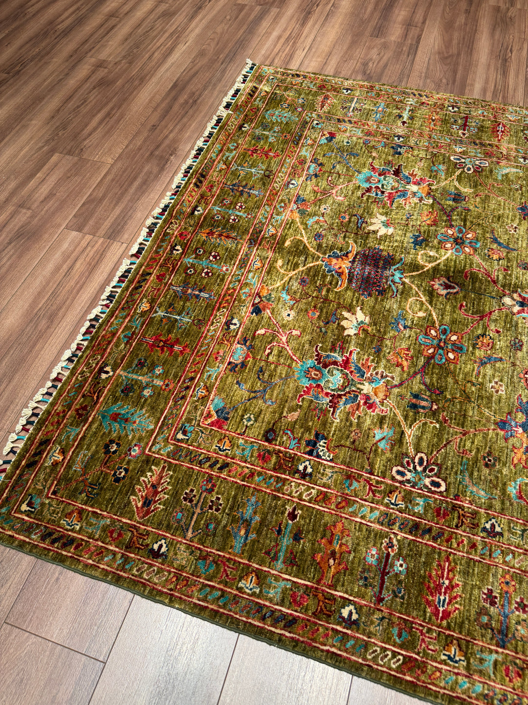 Sultani Binbirgece Orijinal El Dokuması Yeşil Kök Boya Yün Halı 170x246 4.18 Metrekare - 5x8 ft