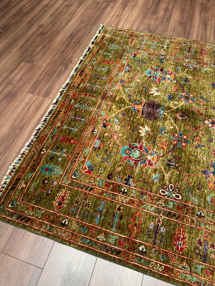 Sultani Binbirgece Orijinal El Dokuması Yeşil Kök Boya Yün Halı 170x246 4.18 Metrekare - 5x8 ft