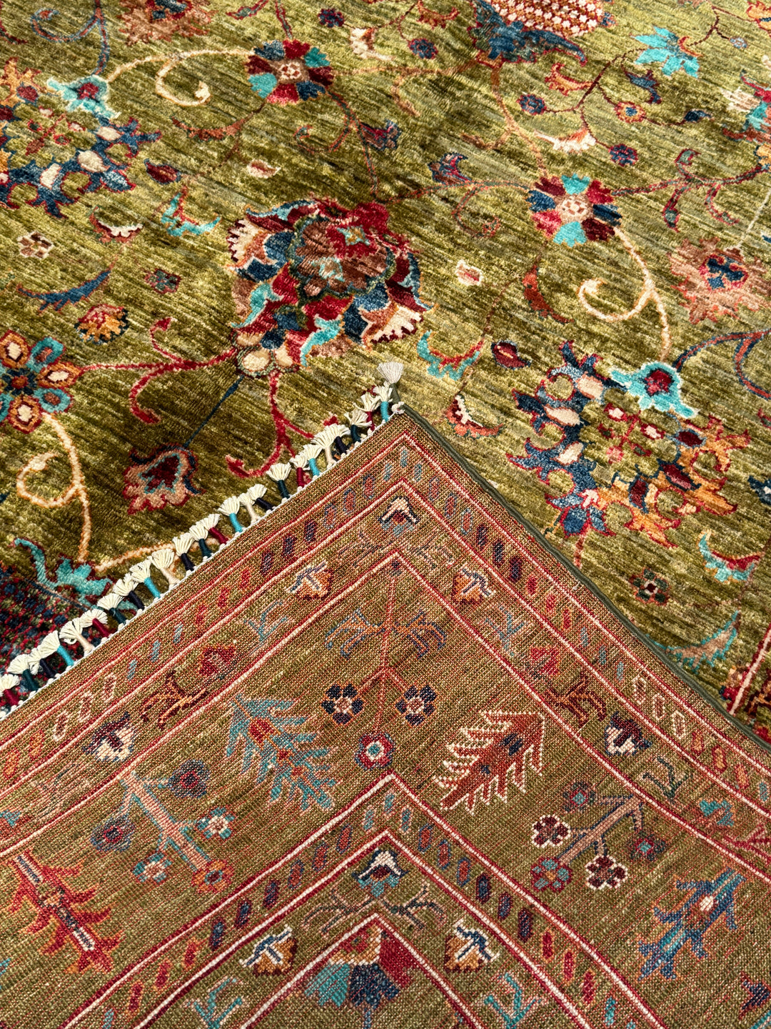 Sultani Binbirgece Orijinal El Dokuması Yeşil Kök Boya Yün Halı 170x246 4.18 Metrekare - 5x8 ft