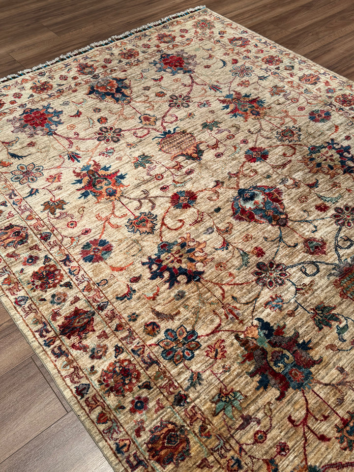 Sultani One Thousand and One Nights Original Handwoven Beige Root Dye Wool Rug 176x246 cm (4.33 square meters) - 5x8 ft