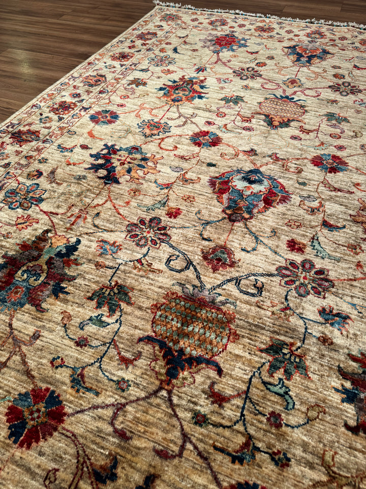 Sultani One Thousand and One Nights Original Handwoven Beige Root Dye Wool Rug 176x246 cm (4.33 square meters) - 5x8 ft