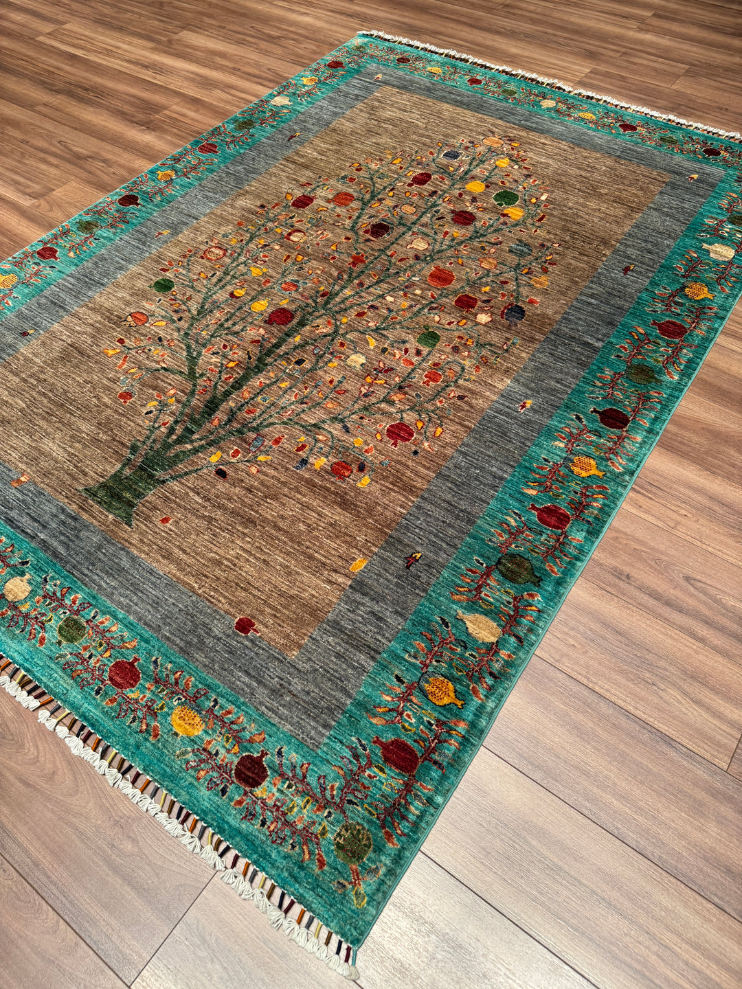 Nar Ağacı Orijinal El Dokuması Turkuaz Kök Boya Yün Halı 173x243 4.20 Metrekare - 5x8 ft