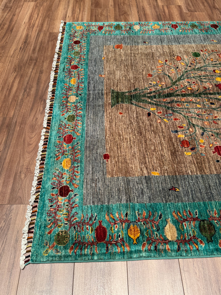 Nar Ağacı Orijinal El Dokuması Turkuaz Kök Boya Yün Halı 173x243 4.20 Metrekare - 5x8 ft