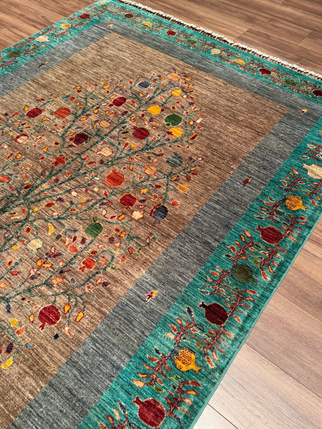 Nar Ağacı Orijinal El Dokuması Turkuaz Kök Boya Yün Halı 173x243 4.20 Metrekare - 5x8 ft
