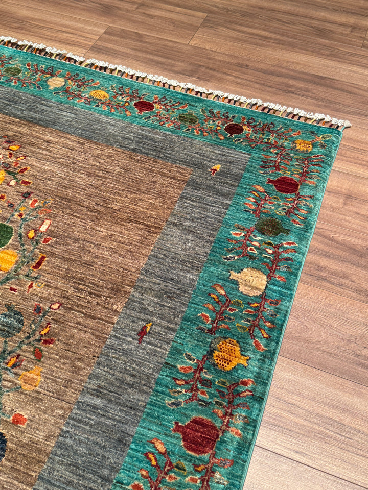 Nar Ağacı Orijinal El Dokuması Turkuaz Kök Boya Yün Halı 173x243 4.20 Metrekare - 5x8 ft