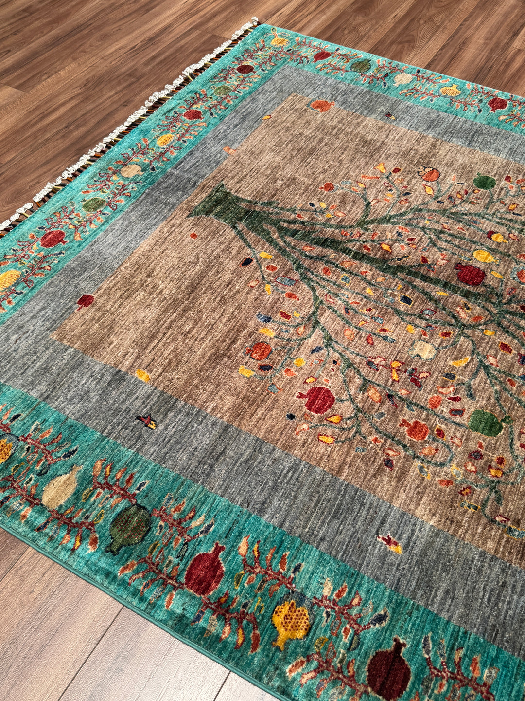 Nar Ağacı Orijinal El Dokuması Turkuaz Kök Boya Yün Halı 173x243 4.20 Metrekare - 5x8 ft
