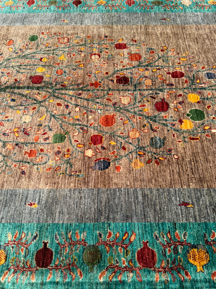 Nar Ağacı Orijinal El Dokuması Turkuaz Kök Boya Yün Halı 173x243 4.20 Metrekare - 5x8 ft