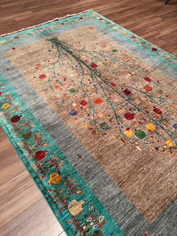 Nar Ağacı Orijinal El Dokuması Turkuaz Kök Boya Yün Halı 173x243 4.20 Metrekare - 5x8 ft