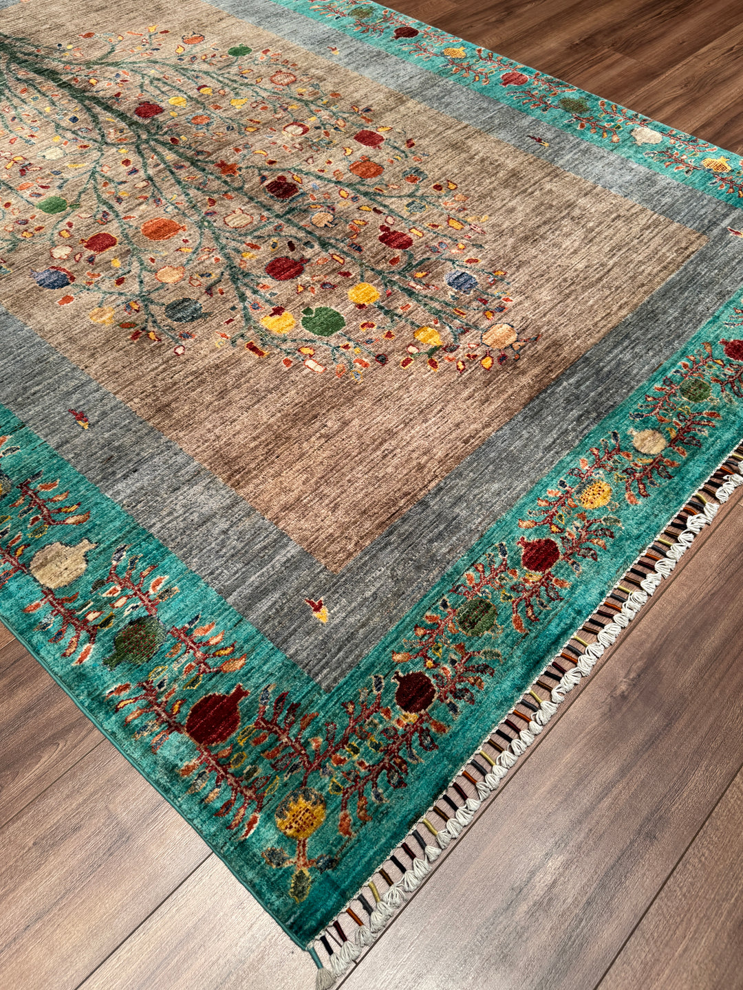 Nar Ağacı Orijinal El Dokuması Turkuaz Kök Boya Yün Halı 173x243 4.20 Metrekare - 5x8 ft