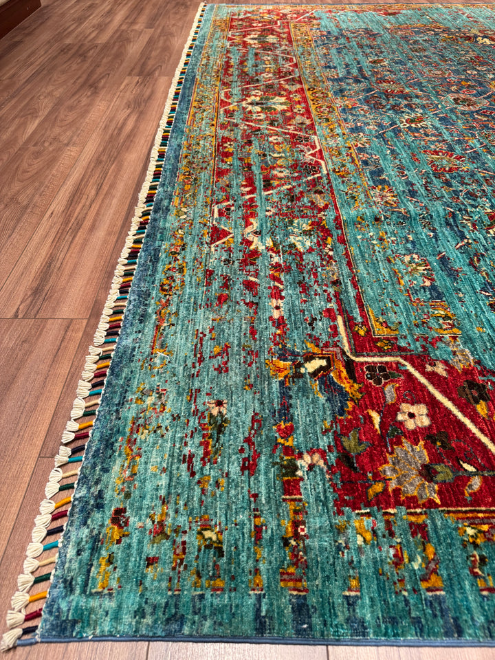 Memlük Orijinal El Dokuması Turkuaz Kök Boya Yün Halı 317x402 12.74 Metrekare - 10x13 ft