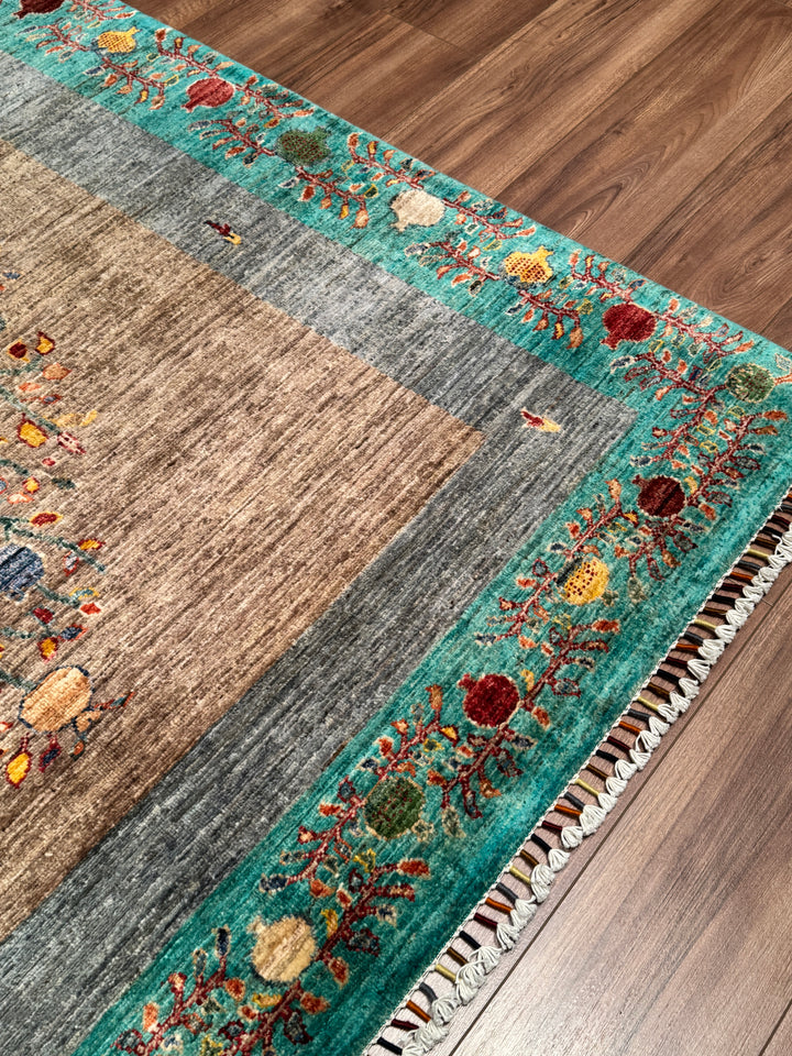 Nar Ağacı Orijinal El Dokuması Turkuaz Kök Boya Yün Halı 173x243 4.20 Metrekare - 5x8 ft