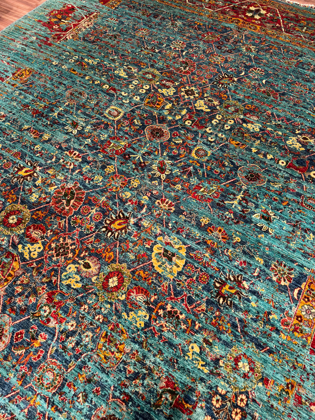 Memlük Orijinal El Dokuması Turkuaz Kök Boya Yün Halı 317x402 12.74 Metrekare - 10x13 ft