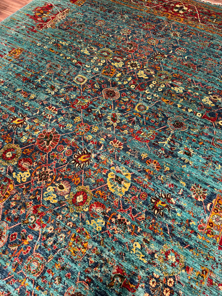 Memlük Orijinal El Dokuması Turkuaz Kök Boya Yün Halı 317x402 12.74 Metrekare - 10x13 ft