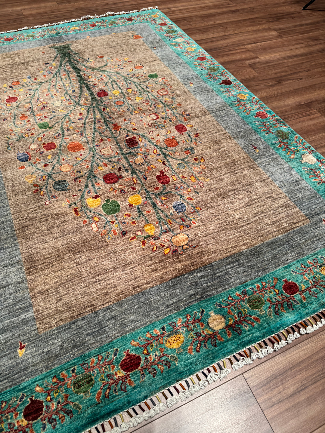 Nar Ağacı Orijinal El Dokuması Turkuaz Kök Boya Yün Halı 173x243 4.20 Metrekare - 5x8 ft