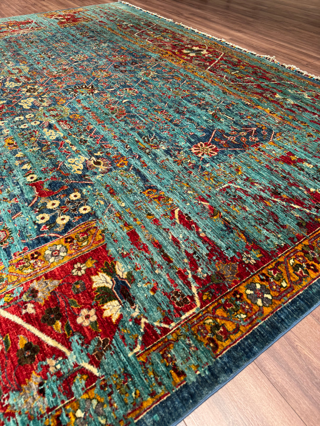 Memlük Orijinal El Dokuması Turkuaz Kök Boya Yün Halı 317x402 12.74 Metrekare - 10x13 ft