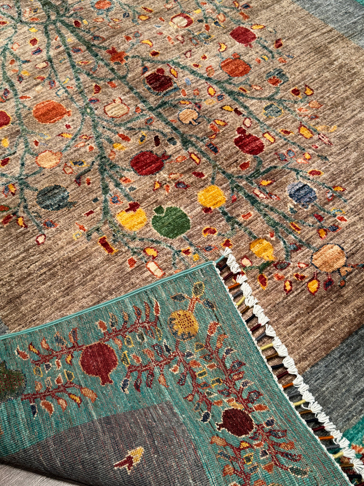 Nar Ağacı Orijinal El Dokuması Turkuaz Kök Boya Yün Halı 173x243 4.20 Metrekare - 5x8 ft