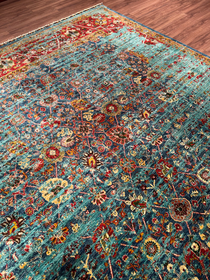 Memlük Orijinal El Dokuması Turkuaz Kök Boya Yün Halı 317x402 12.74 Metrekare - 10x13 ft