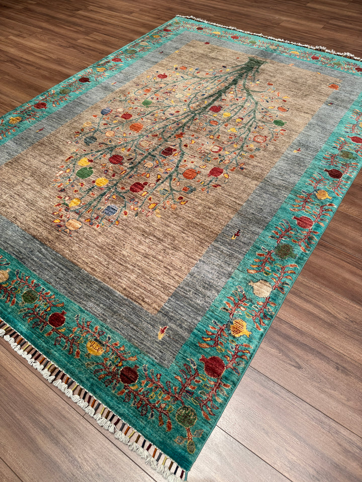 Nar Ağacı Orijinal El Dokuması Turkuaz Kök Boya Yün Halı 173x243 4.20 Metrekare - 5x8 ft