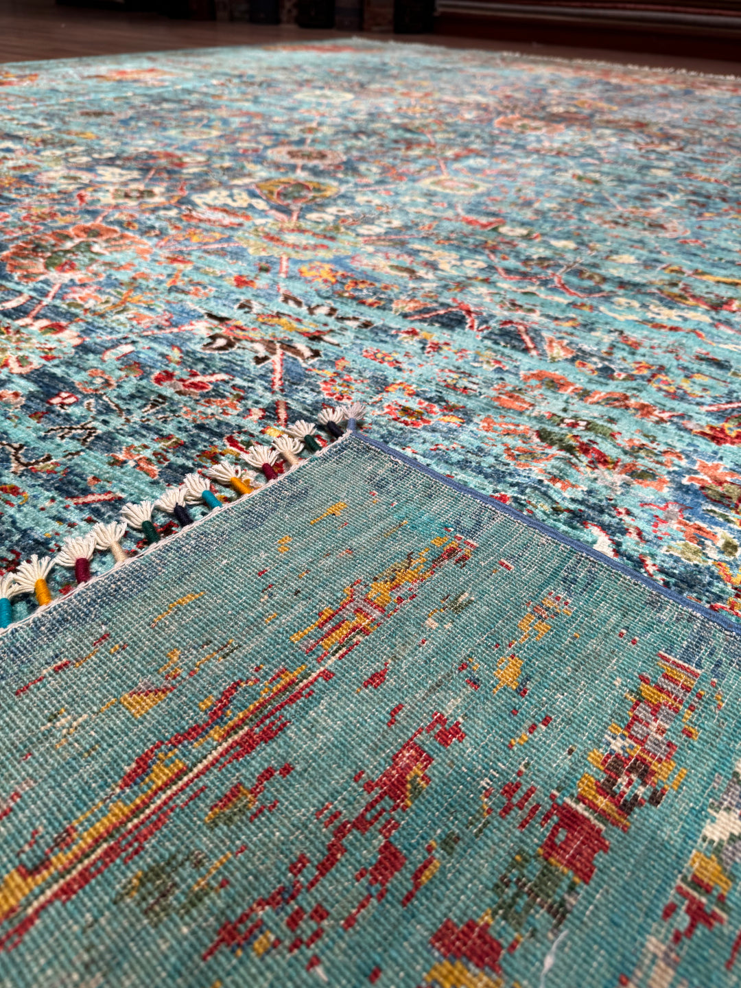 Memlük Orijinal El Dokuması Turkuaz Kök Boya Yün Halı 317x402 12.74 Metrekare - 10x13 ft