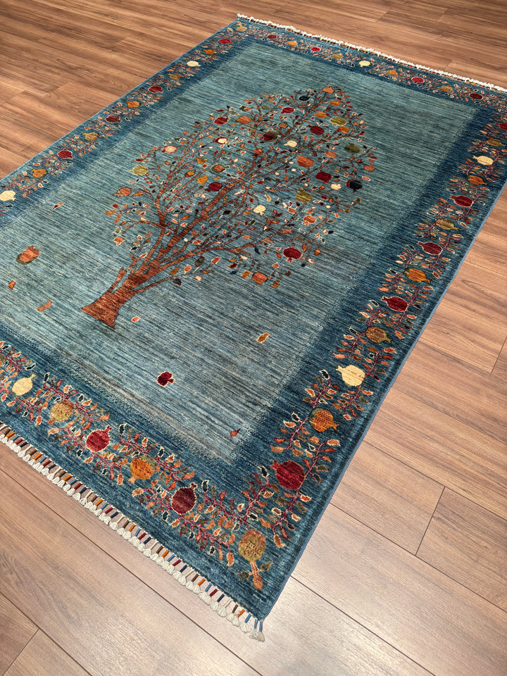 Nar Ağacı Orijinal El Dokuması Mavi Kök Boya Yün Halı 171x241 4.12 Metrekare - 5x8 ft