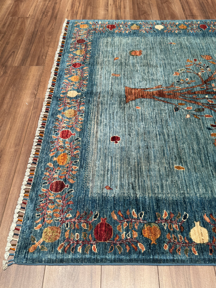 Nar Ağacı Orijinal El Dokuması Mavi Kök Boya Yün Halı 171x241 4.12 Metrekare - 5x8 ft