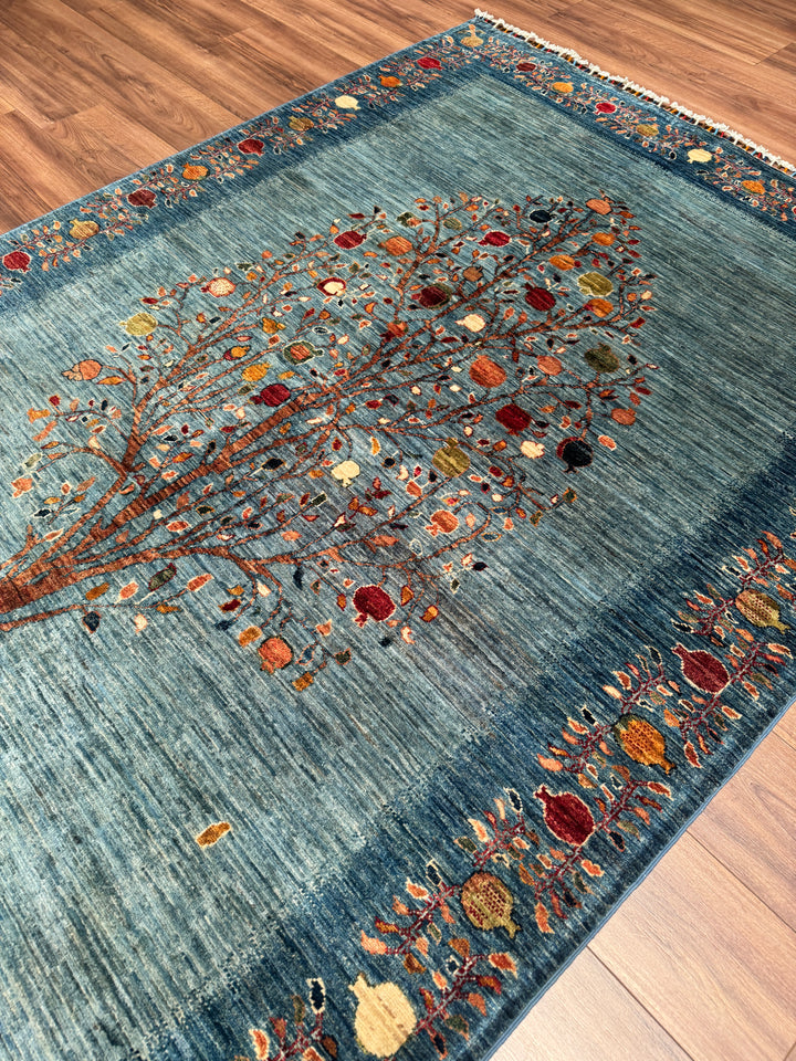Nar Ağacı Orijinal El Dokuması Mavi Kök Boya Yün Halı 171x241 4.12 Metrekare - 5x8 ft