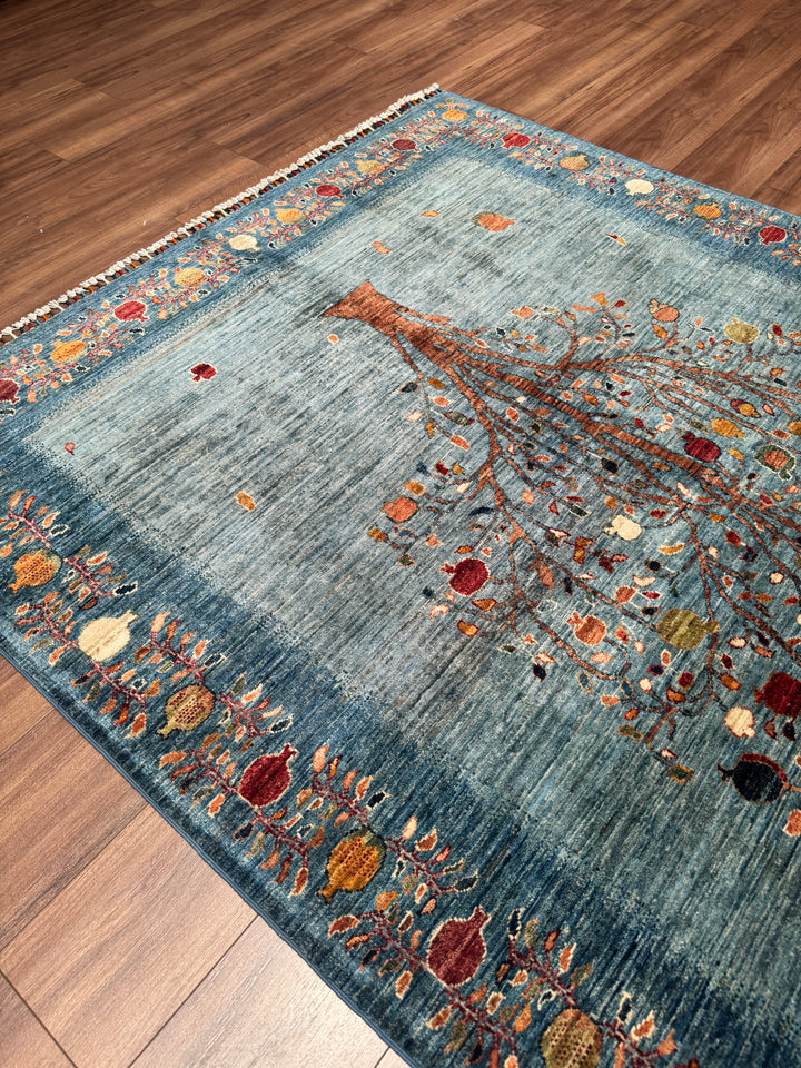 Nar Ağacı Orijinal El Dokuması Mavi Kök Boya Yün Halı 171x241 4.12 Metrekare - 5x8 ft