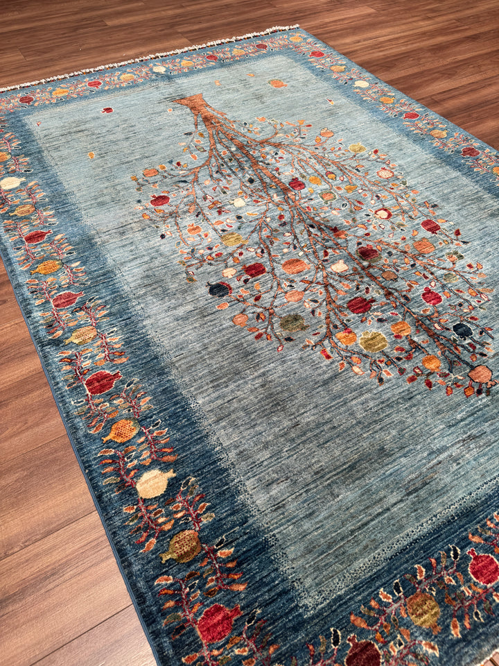 Nar Ağacı Orijinal El Dokuması Mavi Kök Boya Yün Halı 171x241 4.12 Metrekare - 5x8 ft