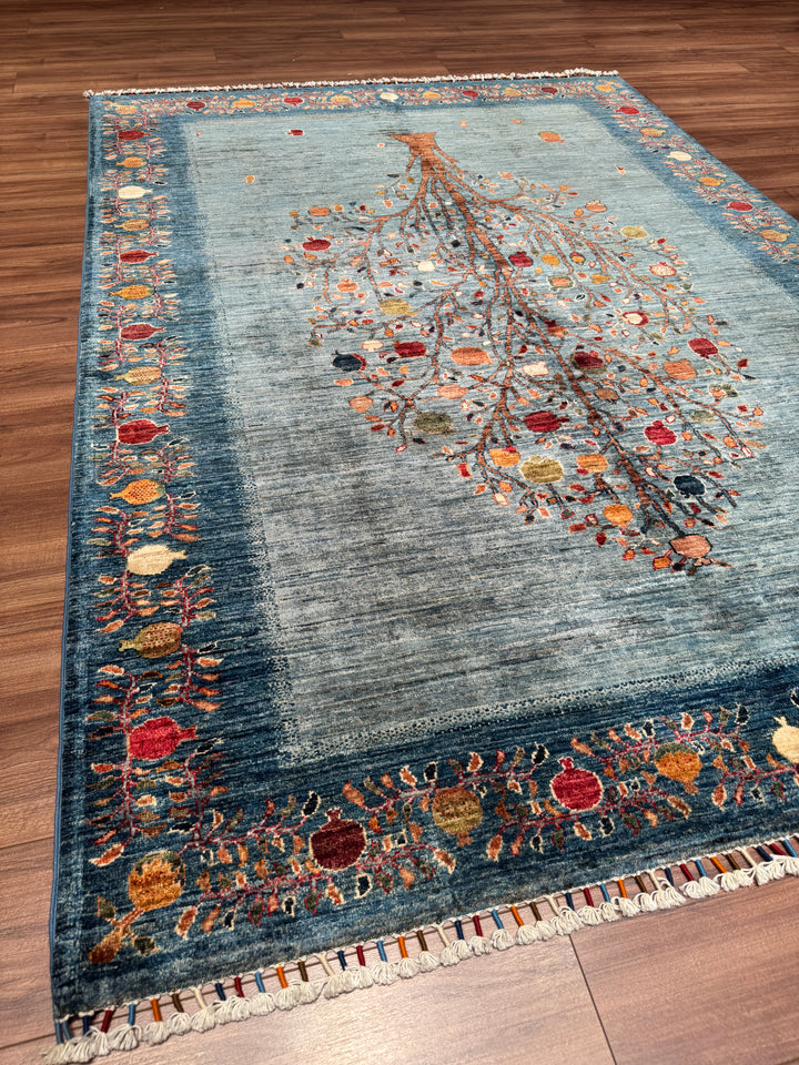 Nar Ağacı Orijinal El Dokuması Mavi Kök Boya Yün Halı 171x241 4.12 Metrekare - 5x8 ft