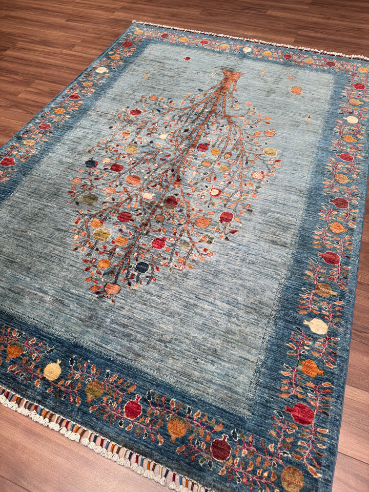 Nar Ağacı Orijinal El Dokuması Mavi Kök Boya Yün Halı 171x241 4.12 Metrekare - 5x8 ft