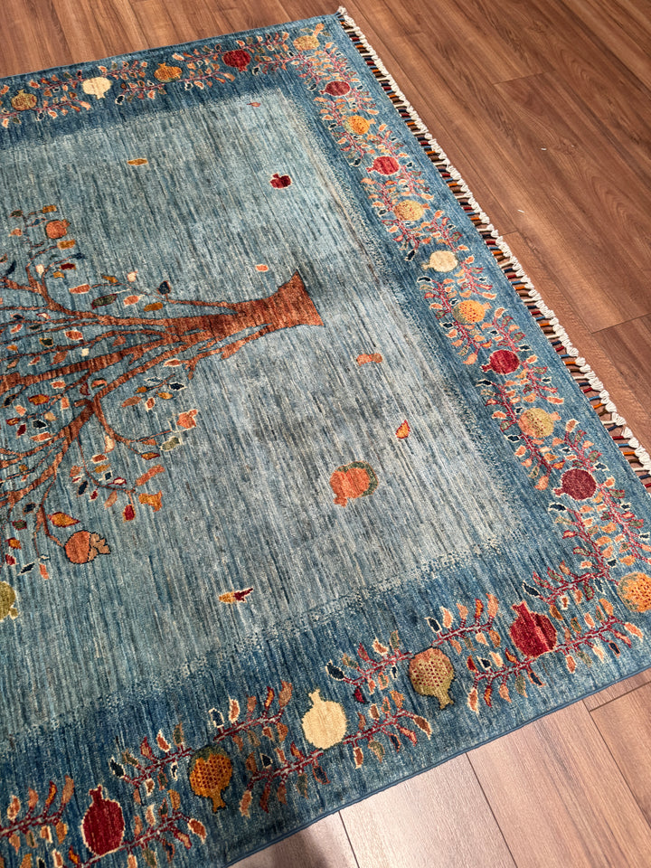 Nar Ağacı Orijinal El Dokuması Mavi Kök Boya Yün Halı 171x241 4.12 Metrekare - 5x8 ft