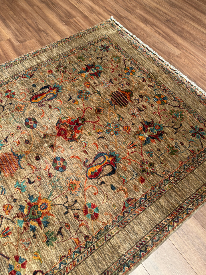 Sultani Binbirgece Orijinal El Dokuması Bej Kök Boya Yün Halı 176x237 4.17 Metrekare - 5x8 ft