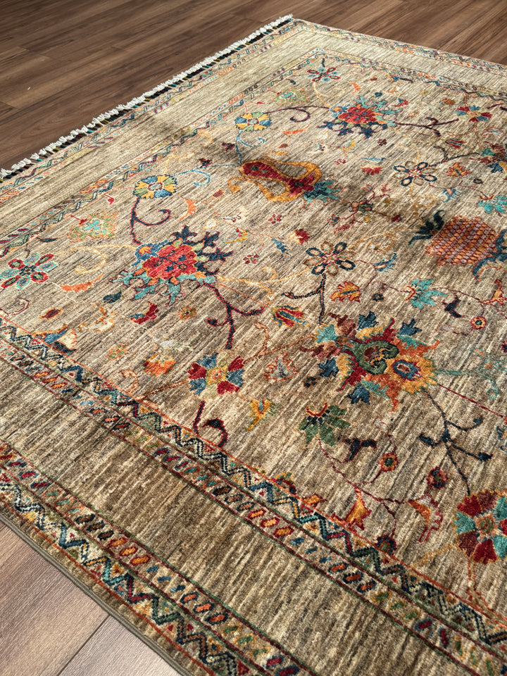Sultani Binbirgece Orijinal El Dokuması Bej Kök Boya Yün Halı 176x237 4.17 Metrekare - 5x8 ft