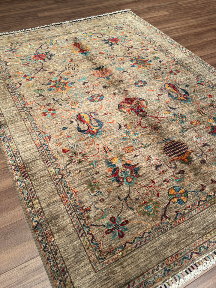Sultani Binbirgece Orijinal El Dokuması Bej Kök Boya Yün Halı 176x237 4.17 Metrekare - 5x8 ft