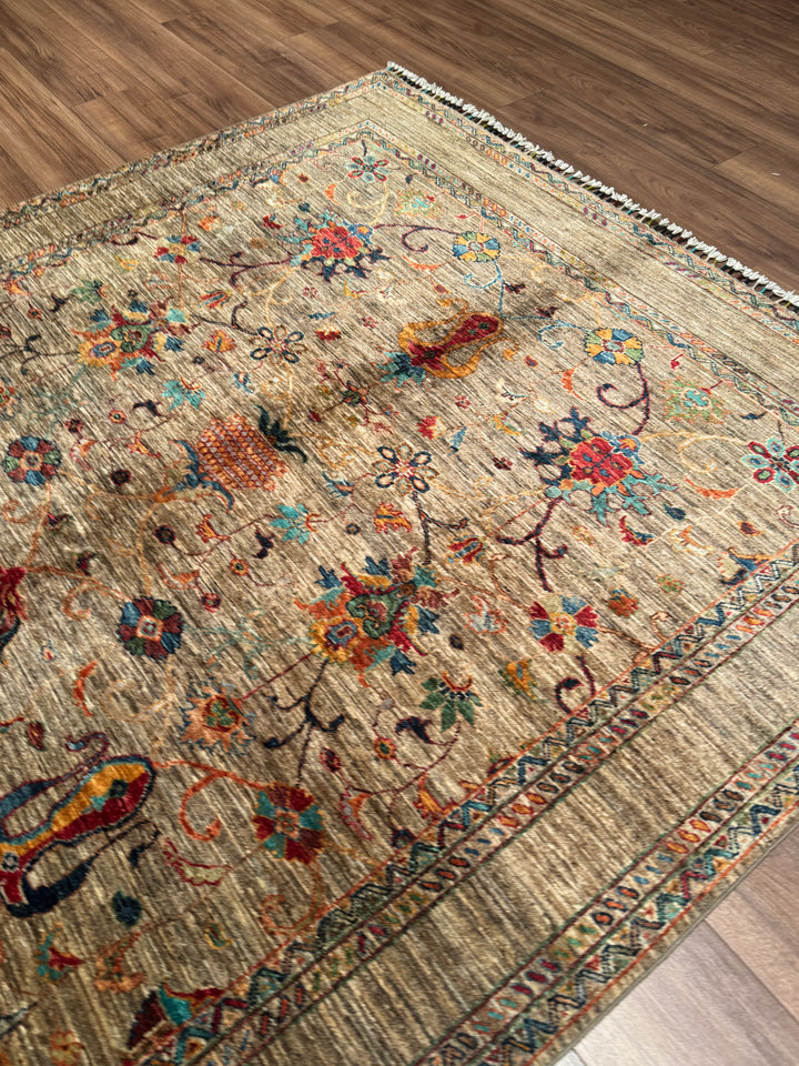 Sultani Binbirgece Orijinal El Dokuması Bej Kök Boya Yün Halı 176x237 4.17 Metrekare - 5x8 ft