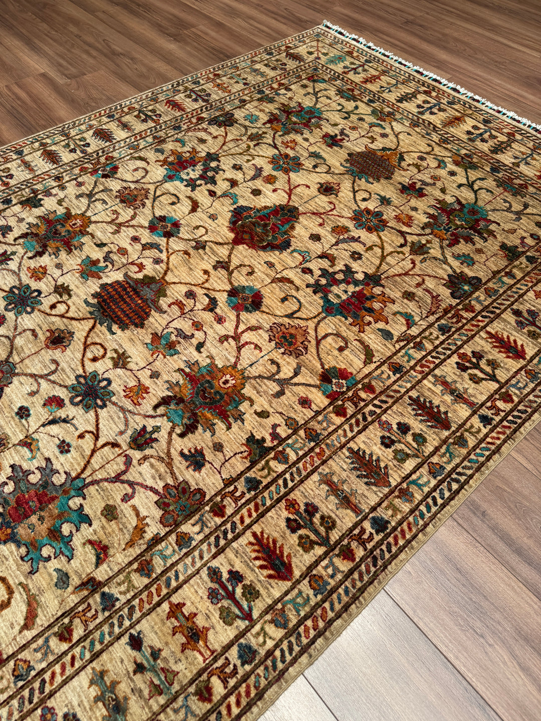 Sultani Binbirgece Orijinal El Dokuması Bej Kök Boya Yün Halı 169x229 3.87 Metrekare - 5x8 ft