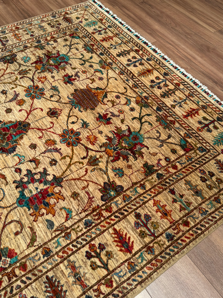 Sultani Binbirgece Orijinal El Dokuması Bej Kök Boya Yün Halı 169x229 3.87 Metrekare - 5x8 ft