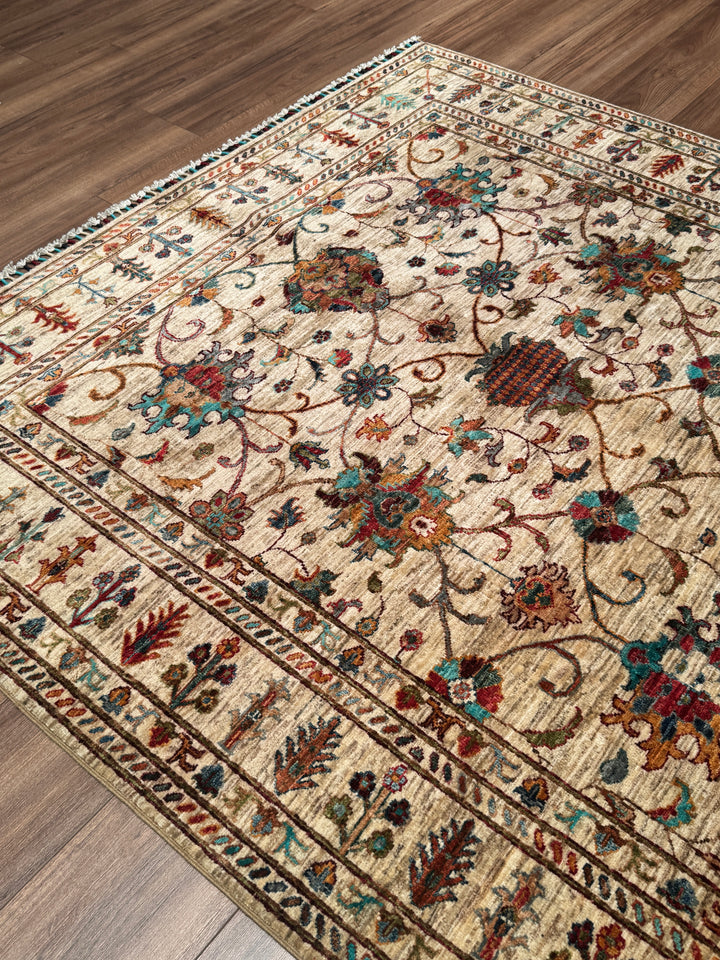 Sultani Binbirgece Orijinal El Dokuması Bej Kök Boya Yün Halı 169x229 3.87 Metrekare - 5x8 ft