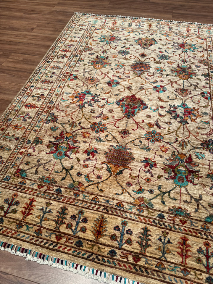 Sultani Binbirgece Orijinal El Dokuması Bej Kök Boya Yün Halı 169x229 3.87 Metrekare - 5x8 ft