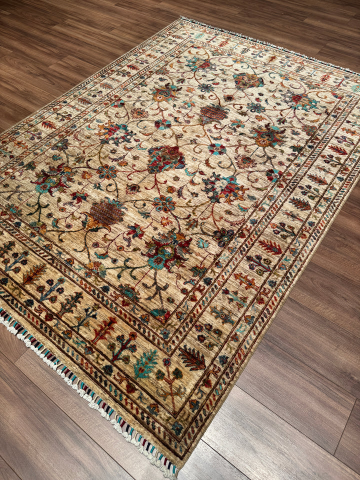 Sultani Binbirgece Orijinal El Dokuması Bej Kök Boya Yün Halı 169x229 3.87 Metrekare - 5x8 ft